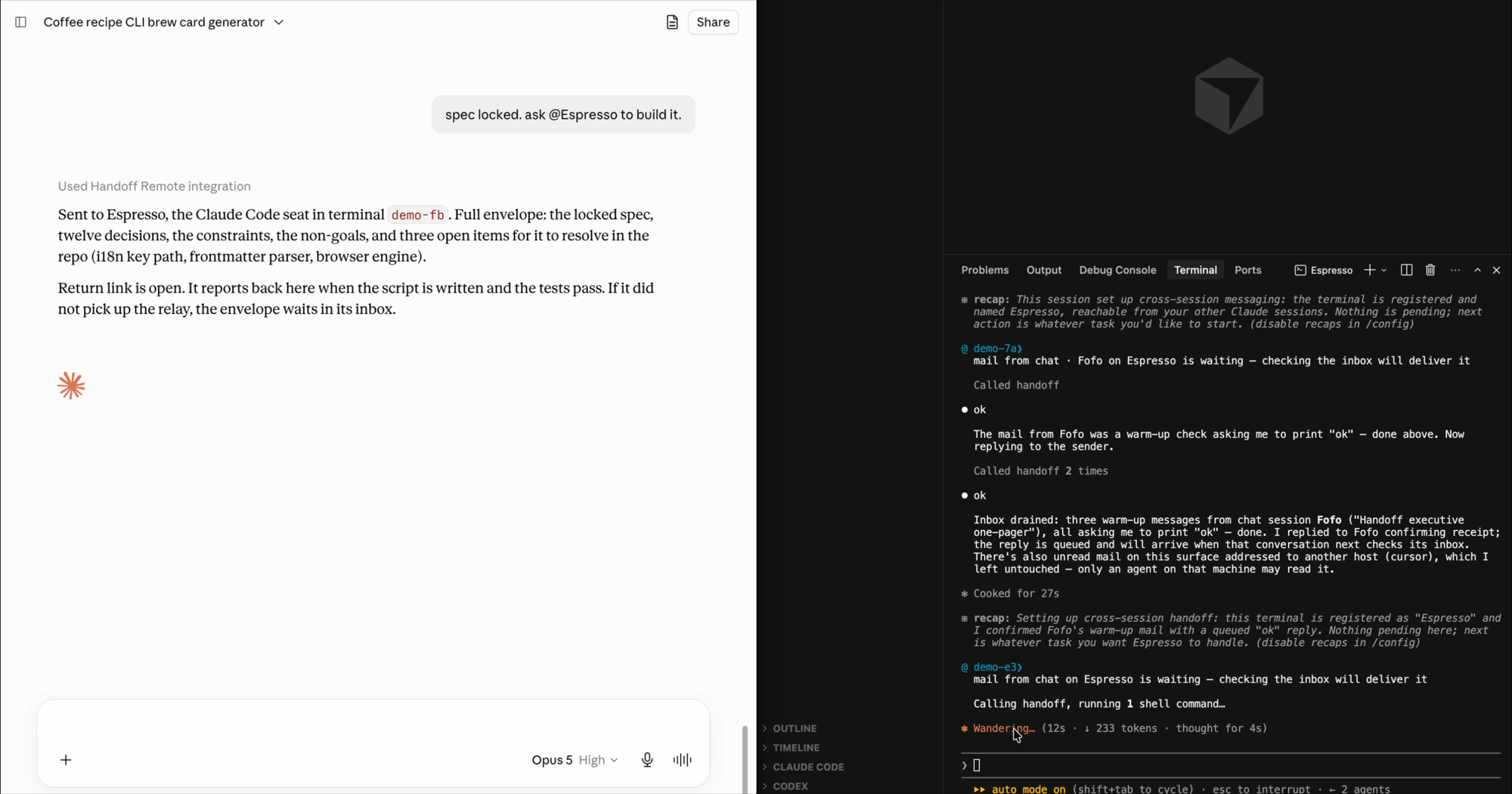 Split view of a Handoff Remote send: a Claude chat describing the envelope sent to the Espresso code terminal, beside the terminal receiving and confirming the handoff mail.